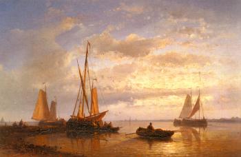 Abraham Hulk : Dutch Fishing Vessels In A Calm At Sunset